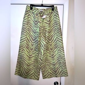 New Lafayette 148 Rockefeller Green Zevron-Print Linen Blend Wide Leg Pants Sz12